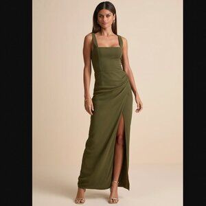 Lulus Glamorous Disposition Olive Green Ruched Maxi Dress